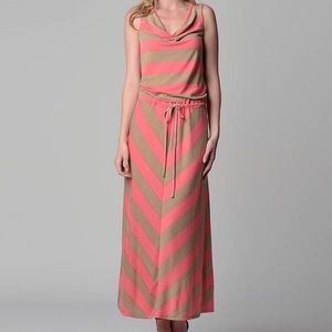 Pink/Tan Sleeveless Cowl Neck Striped Maxi Dress